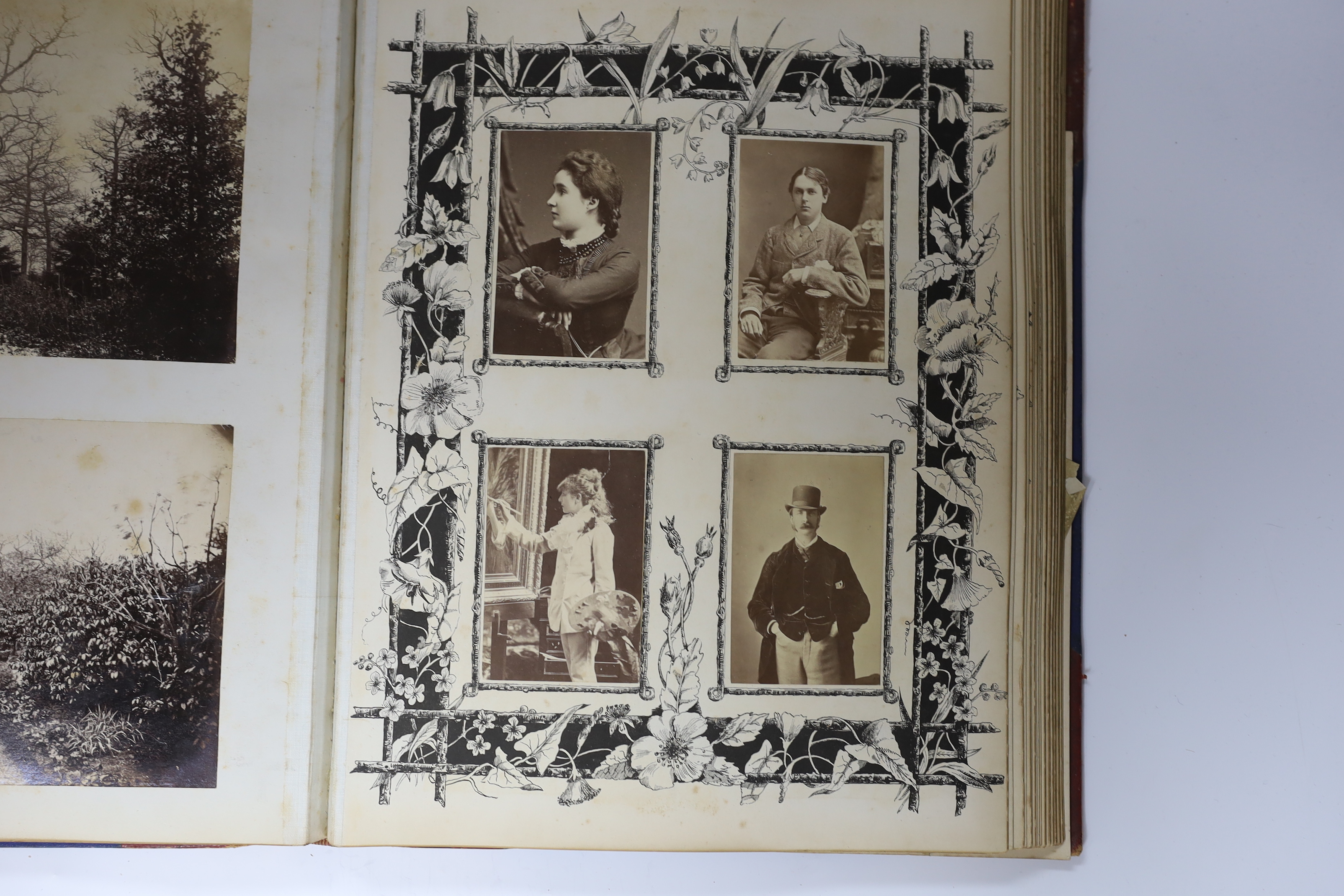 A late 19th century album of black and white photographs of views, principally in Europe and including family groups and portraits, country house interiors et., folio, half red morocco, 37 x 27cms